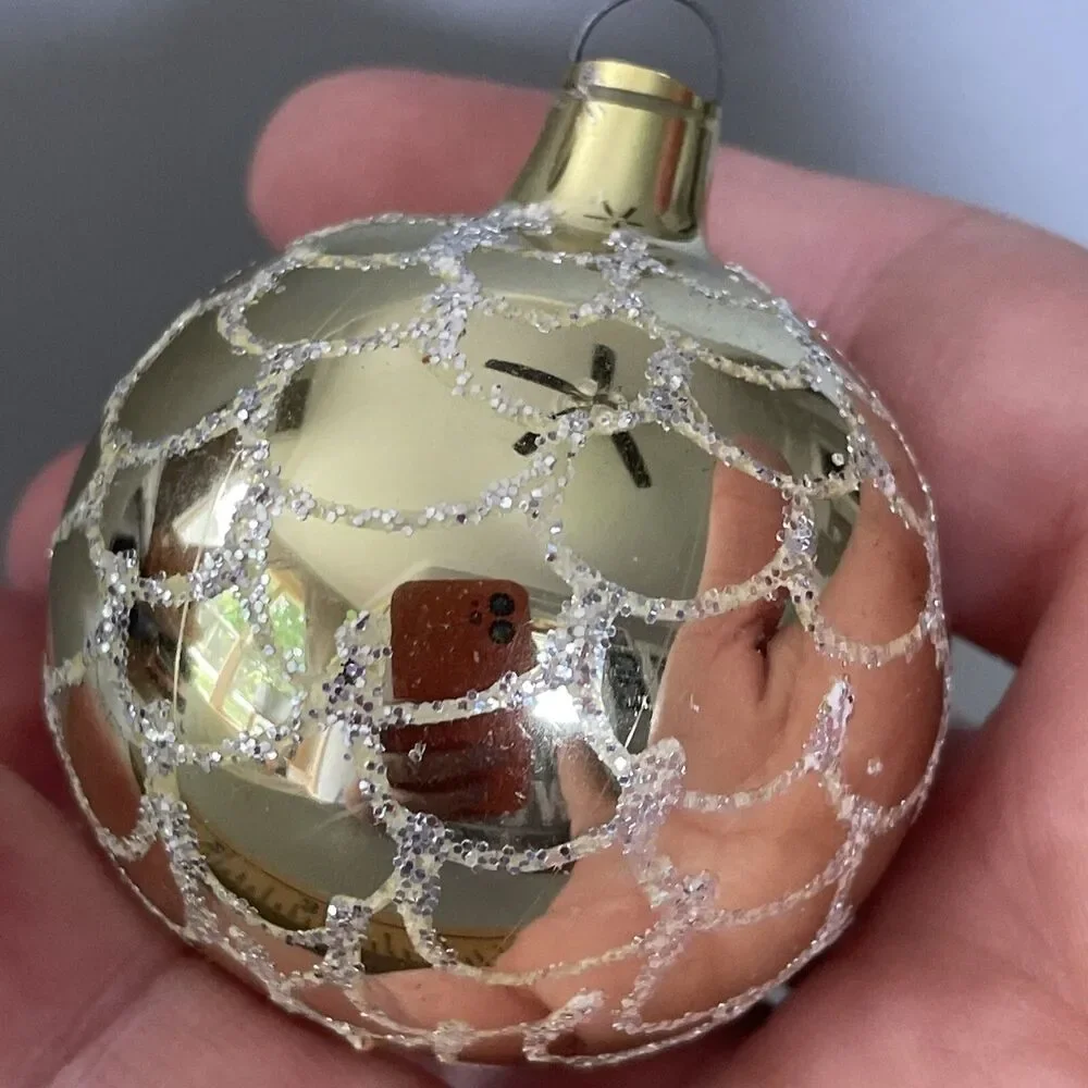 Vintage Hand Painted Blown Glass Christmas Ornament Gold With Scalloped Glitter